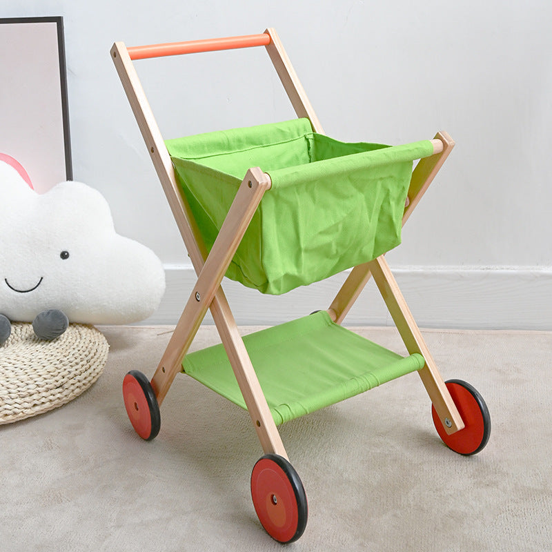 Eco-Friendly Foldable Durable Wooden Grocery Shopping Cart Pretend Play Toy for Kids for Girls Children's Furniture