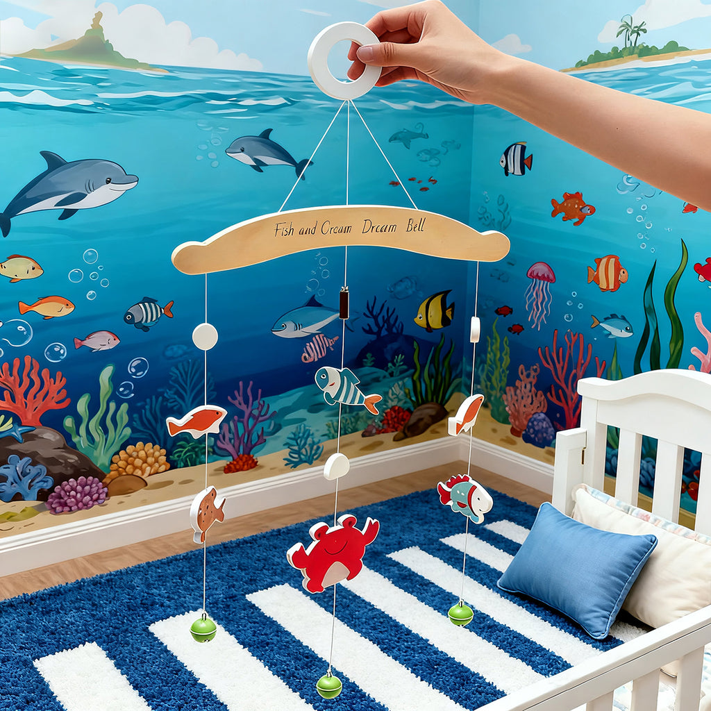 Wooden Baby Comfort Toy Ocrean Dream Bell Fish Sound Bell High Quality Wooden Baby Bed Bell