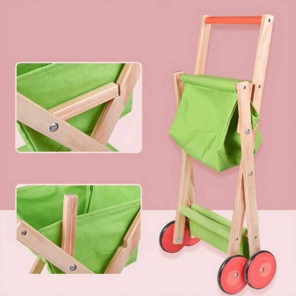 Eco-Friendly Foldable Durable Wooden Grocery Shopping Cart Pretend Play Toy for Kids for Girls Children's Furniture